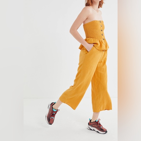 Urban Outfitters San Fernando Smocked Strapless Ruffle Jumpsuit mustard color XS - Picture 2 of 15